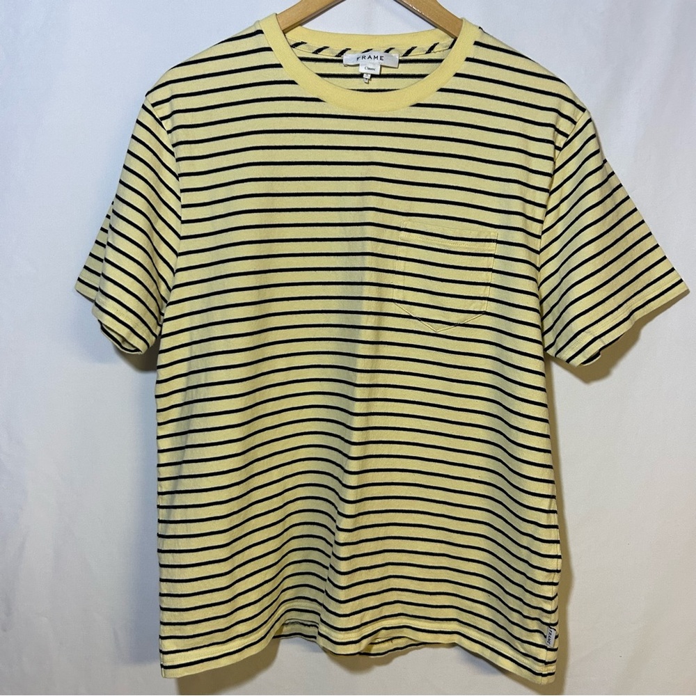 Frame Classic Yellow and Navy Blue Striped T-shirt size Large pocket